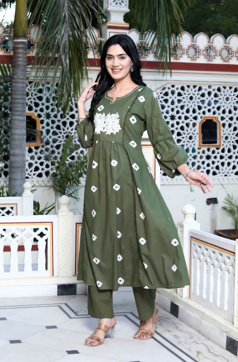 Miravan Women's Moti And Chikan Embroidered Bandhani Printed A-Line Mehandi Kurta Palazzo Set | Grocsy