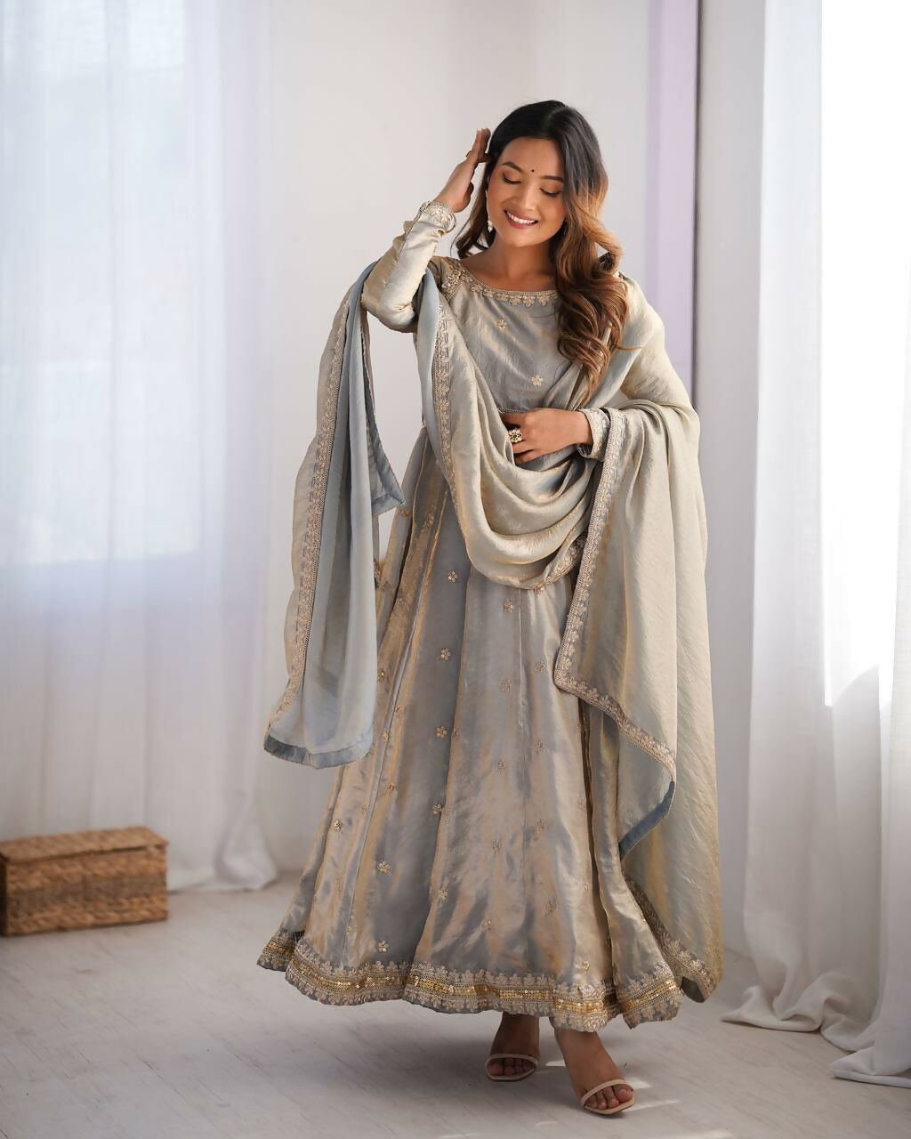 The52 Women's Beautiful Fandy Silk Fabric Embroidery Work Flared Anarkali Pant and Dupatta Set | Grocsy