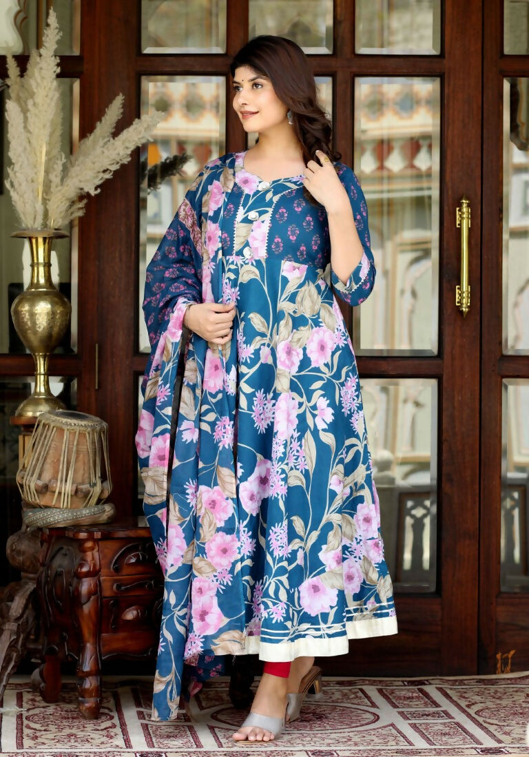 Miravan Women's Flower Printed Blue Anarkali Kurta And Dupatta | Grocsy