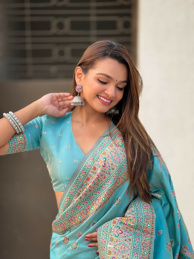 Blue Pashmina Silk Wevon Kashmiri Meenakari Designer Saree with Unstitched Blouse - Vandini | Grocsy