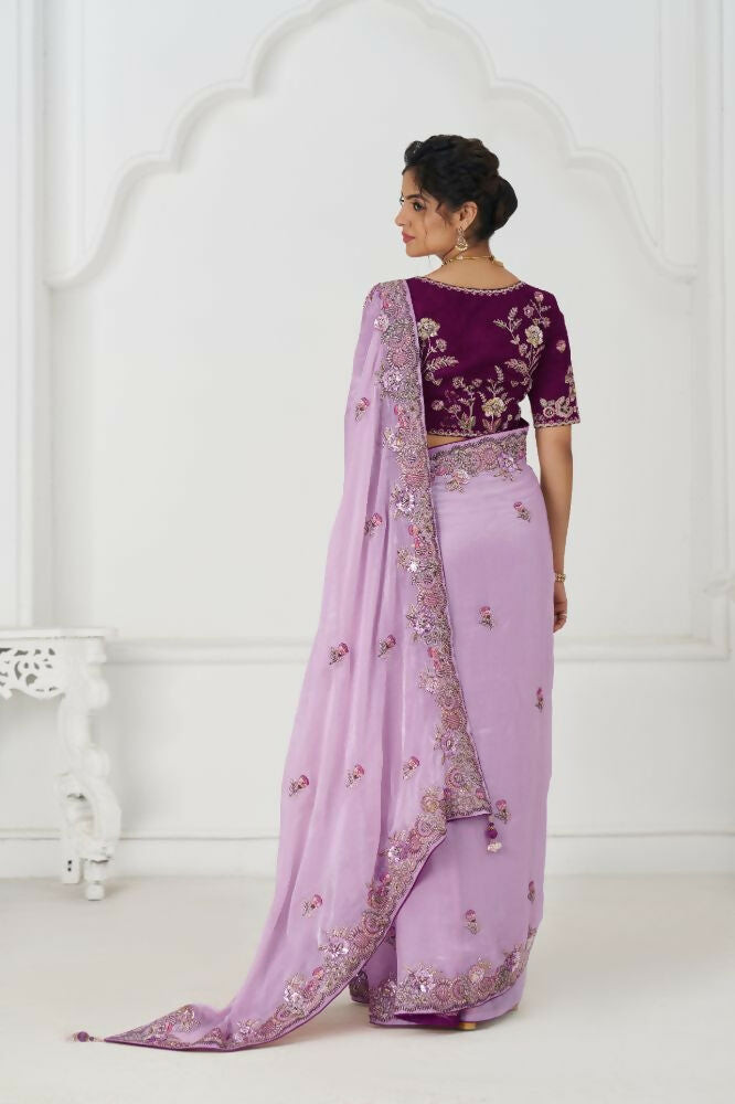 Kesar Fab Mauve Color In Zari & Sequin Work On Luxurious Fendi Fabric Saree | Grocsy