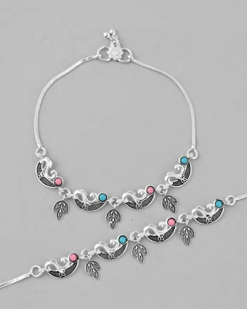 VOJ Set of 2 Silver Plated Stainless Steel Multi Color Anklet | Grocsy