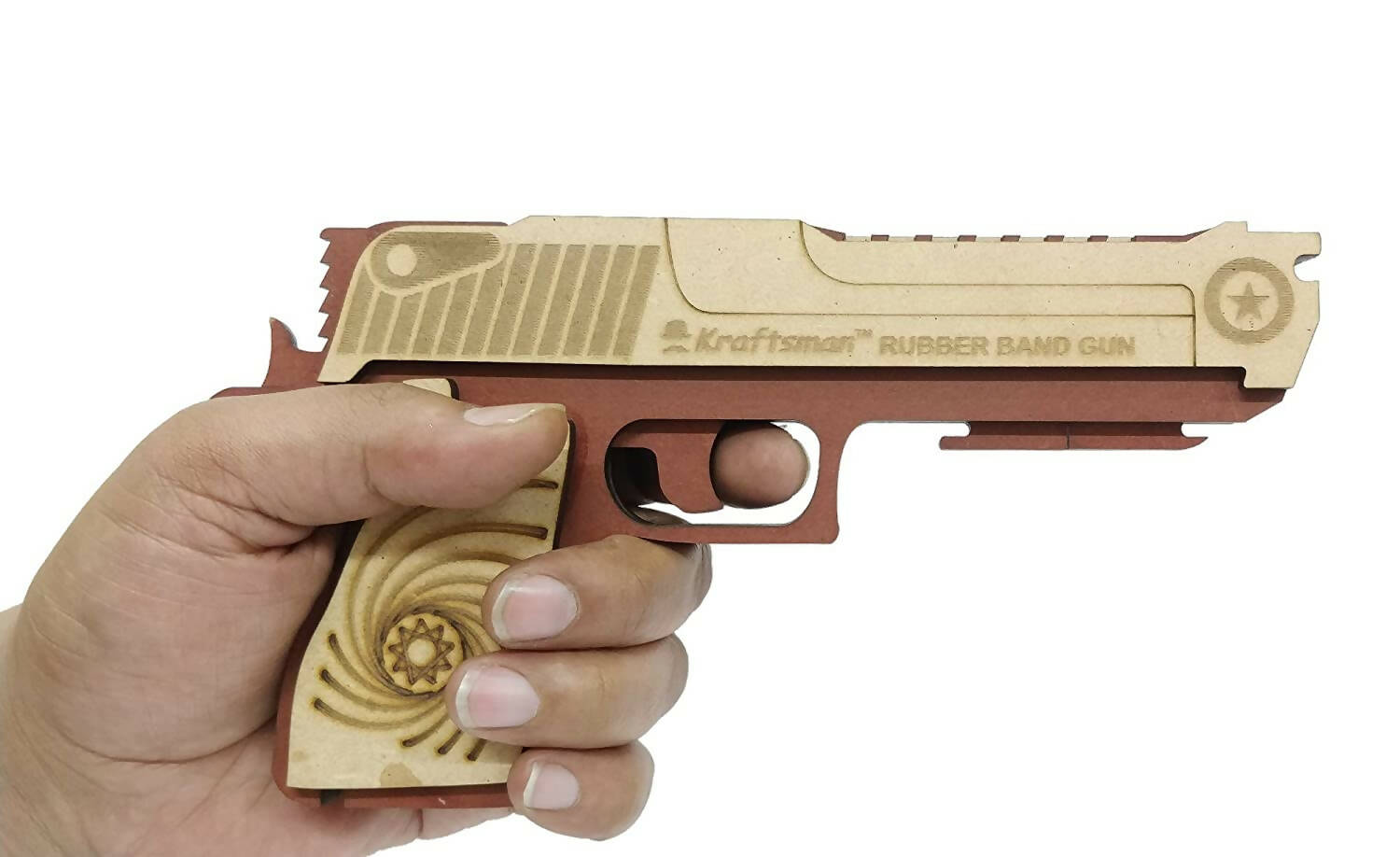 Kraftsman Semi-Automatic Wooden Rubber Band Shooting Gun Toys for Kids & Adults with Target | 5 Rapid Fire Shots | Grocsy