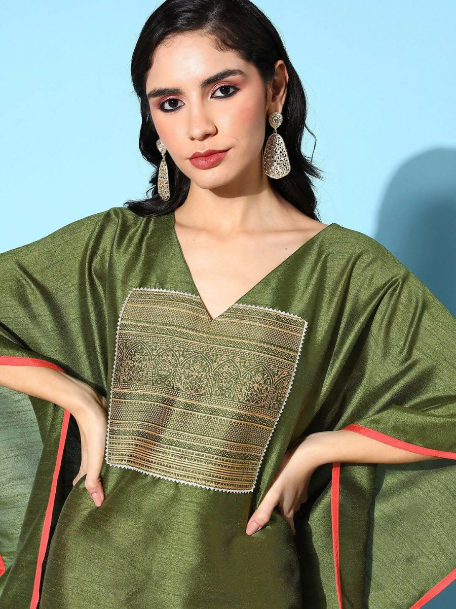 Ahalyaa Women Mehendi Poly Silk Gold Printed Kaftan Kurta | Grocsy
