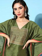 Ahalyaa Women Mehendi Poly Silk Gold Printed Kaftan Kurta | Grocsy