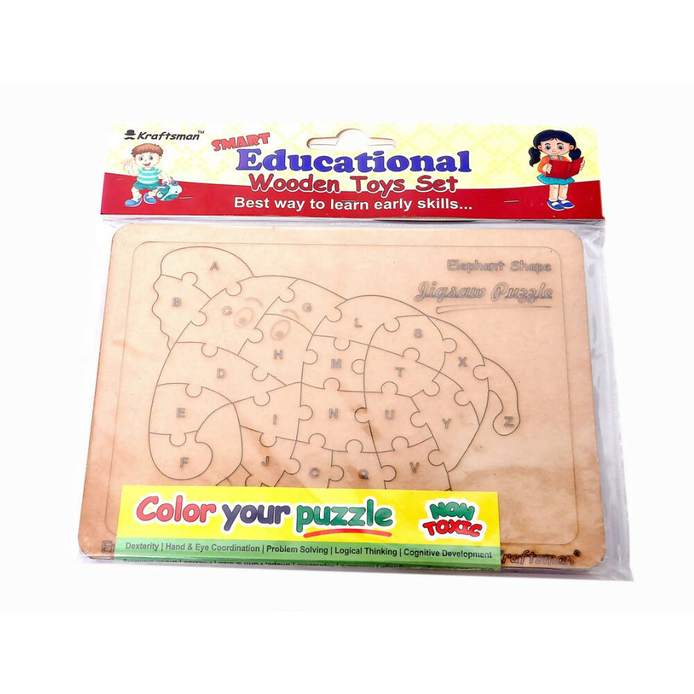 Kraftsman English Alphabets Wooden Jigsaw Puzzles Elephant Shape Puzzle | Color Kit Included | Grocsy