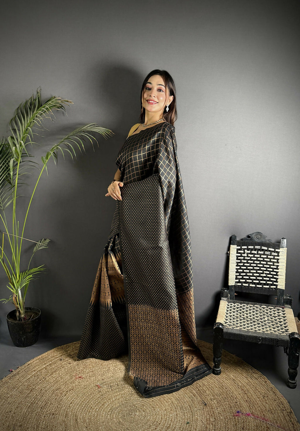 Joban Fashion Black Banarasi Soft Lichi Silk Checks & Woven Saree | Grocsy