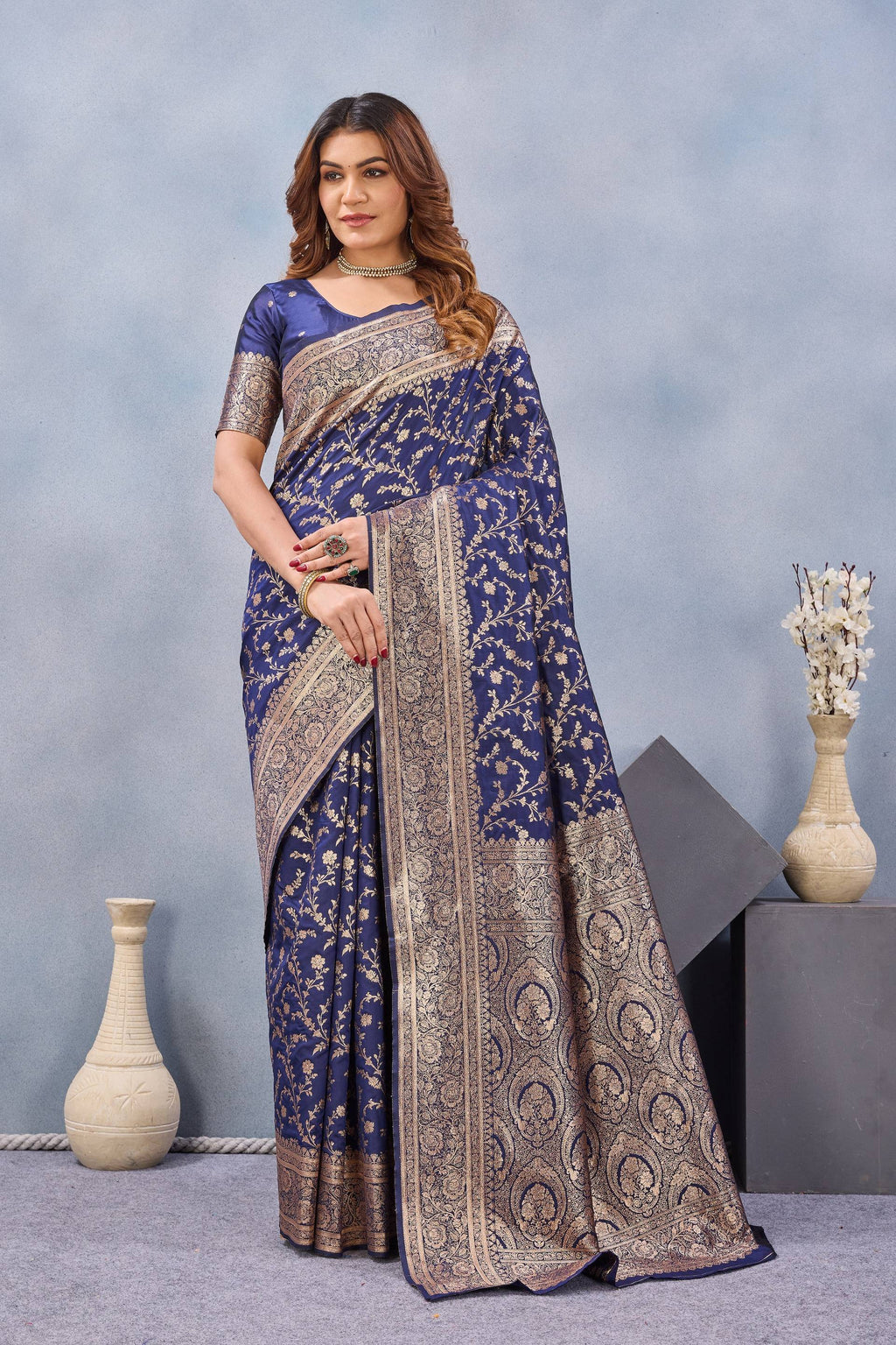 Divine International Trading Co Blue Soft Silk Blend Banarasi Jacuard Work Designer Party Wear Saree With Unstitched Blouse Piece | Grocsy
