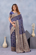 Divine International Trading Co Blue Soft Silk Blend Banarasi Jacuard Work Designer Party Wear Saree With Unstitched Blouse Piece | Grocsy