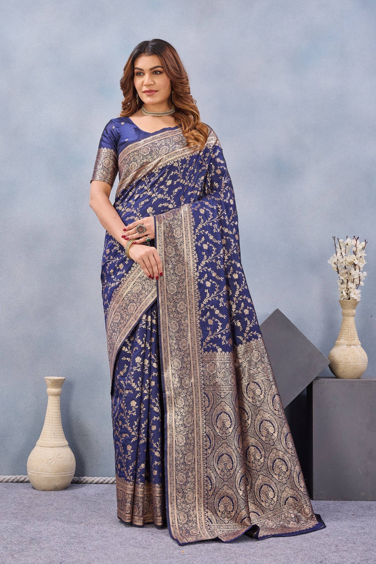 Divine International Trading Co Blue Soft Silk Blend Banarasi Jacuard Work Designer Party Wear Saree With Unstitched Blouse Piece | Grocsy