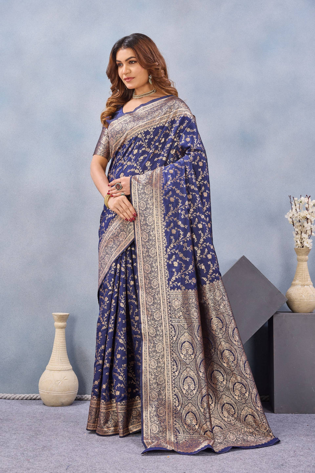 Divine International Trading Co Blue Soft Silk Blend Banarasi Jacuard Work Designer Party Wear Saree With Unstitched Blouse Piece | Grocsy