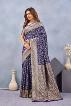 Divine International Trading Co Blue Soft Silk Blend Banarasi Jacuard Work Designer Party Wear Saree With Unstitched Blouse Piece | Grocsy
