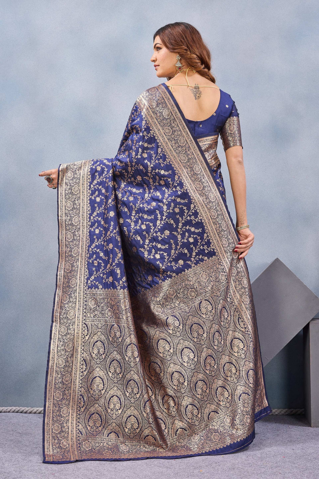 Divine International Trading Co Blue Soft Silk Blend Banarasi Jacuard Work Designer Party Wear Saree With Unstitched Blouse Piece | Grocsy