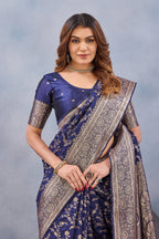 Divine International Trading Co Blue Soft Silk Blend Banarasi Jacuard Work Designer Party Wear Saree With Unstitched Blouse Piece | Grocsy