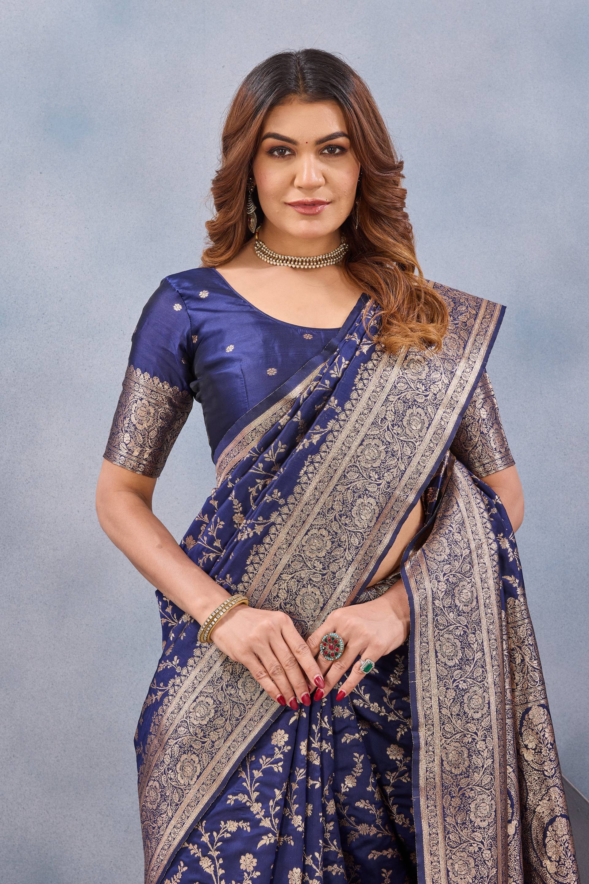 Divine International Trading Co Blue Soft Silk Blend Banarasi Jacuard Work Designer Party Wear Saree With Unstitched Blouse Piece | Grocsy