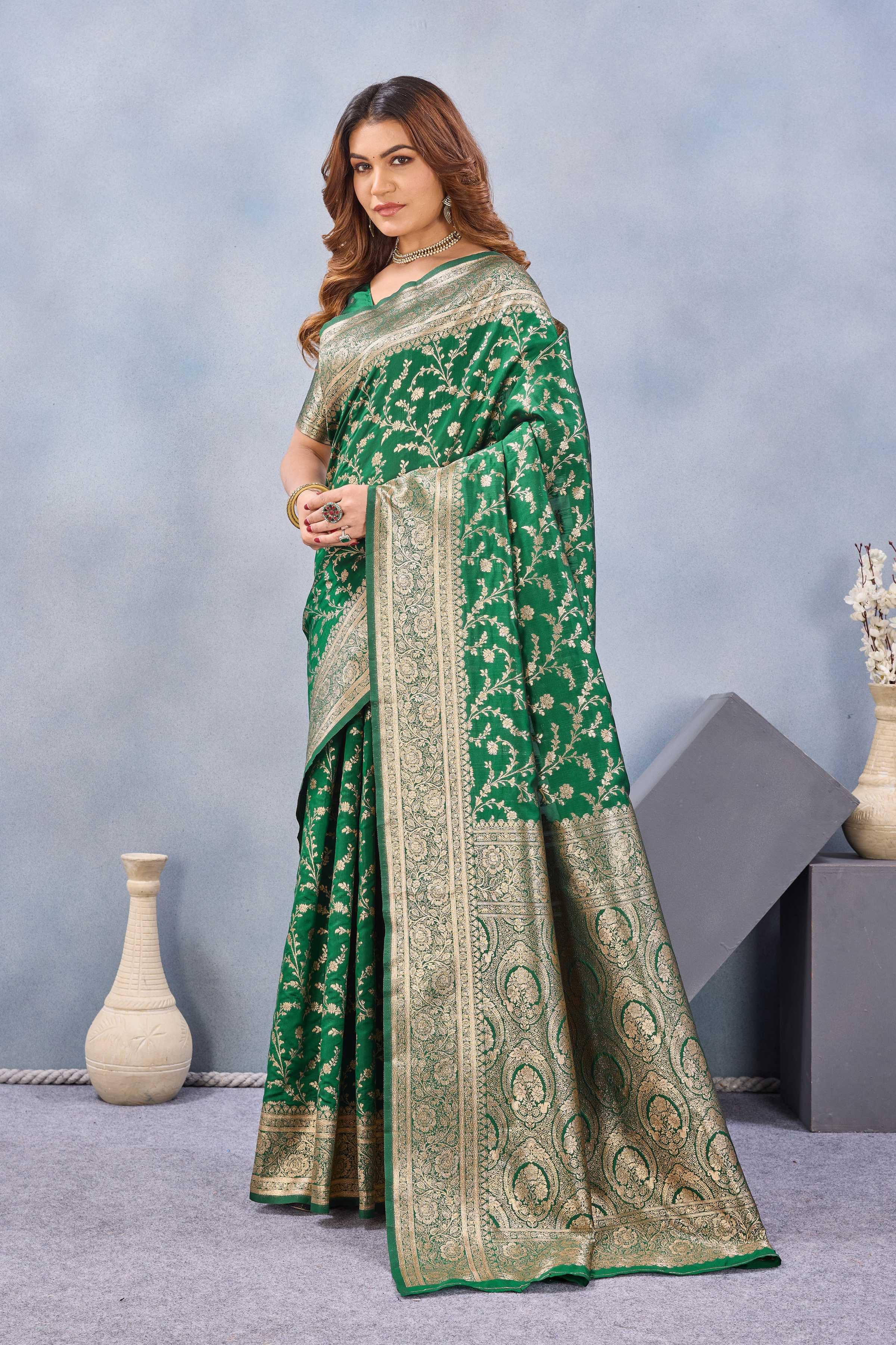 Divine International Trading Co Green Soft Silk Blend Banarasi Jacuard Work Designer Party Wear Saree With Unstitched Blouse Piece | Grocsy
