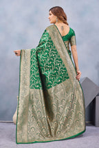 Divine International Trading Co Green Soft Silk Blend Banarasi Jacuard Work Designer Party Wear Saree With Unstitched Blouse Piece | Grocsy