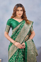 Divine International Trading Co Green Soft Silk Blend Banarasi Jacuard Work Designer Party Wear Saree With Unstitched Blouse Piece | Grocsy