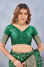 Divine International Trading Co Green Soft Silk Blend Banarasi Jacuard Work Designer Party Wear Saree With Unstitched Blouse Piece | Grocsy