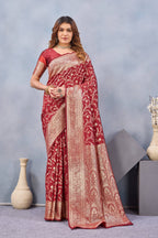 Divine International Trading Co Red Soft Silk Blend Banarasi Jacuard Work Designer Party Wear Saree With Unstitched Blouse Piece | Grocsy