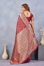 Divine International Trading Co Red Soft Silk Blend Banarasi Jacuard Work Designer Party Wear Saree With Unstitched Blouse Piece | Grocsy