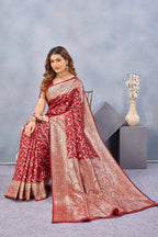 Divine International Trading Co Red Soft Silk Blend Banarasi Jacuard Work Designer Party Wear Saree With Unstitched Blouse Piece | Grocsy