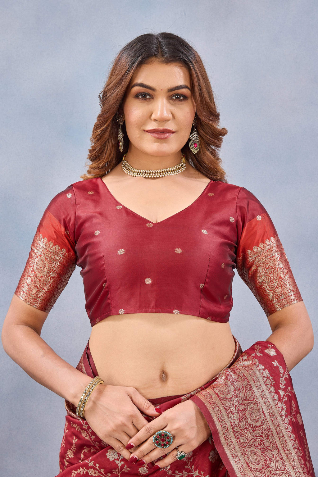 Divine International Trading Co Red Soft Silk Blend Banarasi Jacuard Work Designer Party Wear Saree With Unstitched Blouse Piece | Grocsy