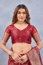 Divine International Trading Co Red Soft Silk Blend Banarasi Jacuard Work Designer Party Wear Saree With Unstitched Blouse Piece | Grocsy
