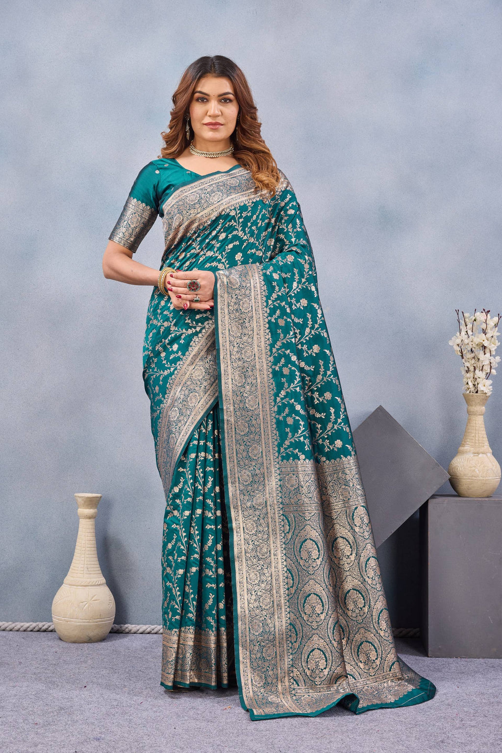 Divine International Trading Co Turuoise Soft Silk Blend Banarasi Jacuard Work Designer Party Wear Saree With Unstitched Blouse Piece | Grocsy