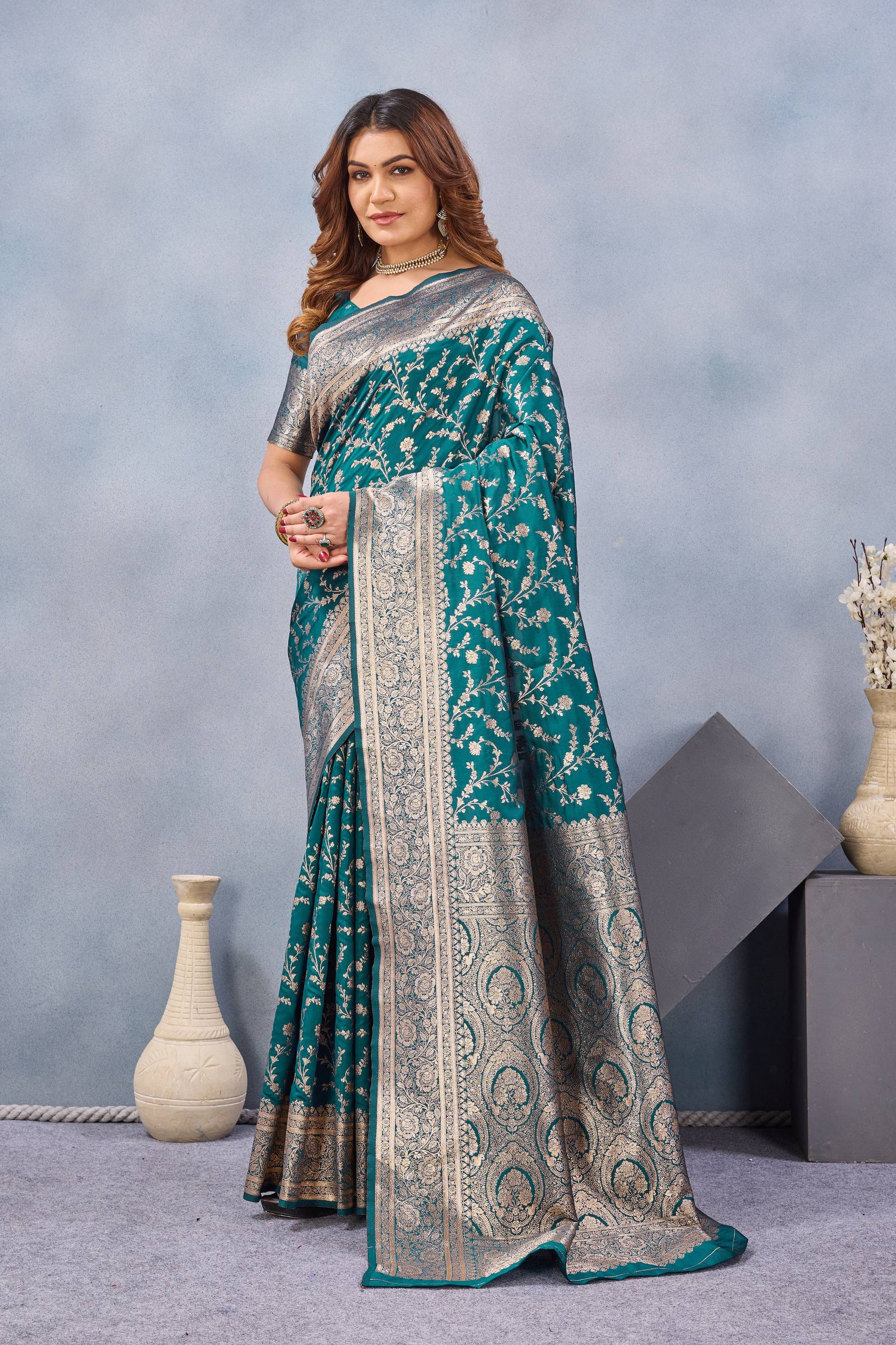 Divine International Trading Co Turuoise Soft Silk Blend Banarasi Jacuard Work Designer Party Wear Saree With Unstitched Blouse Piece | Grocsy