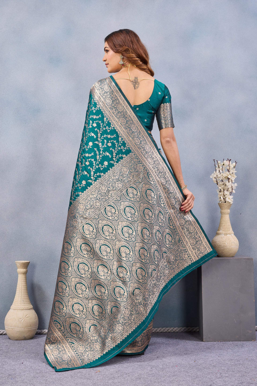 Divine International Trading Co Turuoise Soft Silk Blend Banarasi Jacuard Work Designer Party Wear Saree With Unstitched Blouse Piece | Grocsy