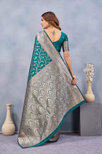 Divine International Trading Co Turuoise Soft Silk Blend Banarasi Jacuard Work Designer Party Wear Saree With Unstitched Blouse Piece | Grocsy