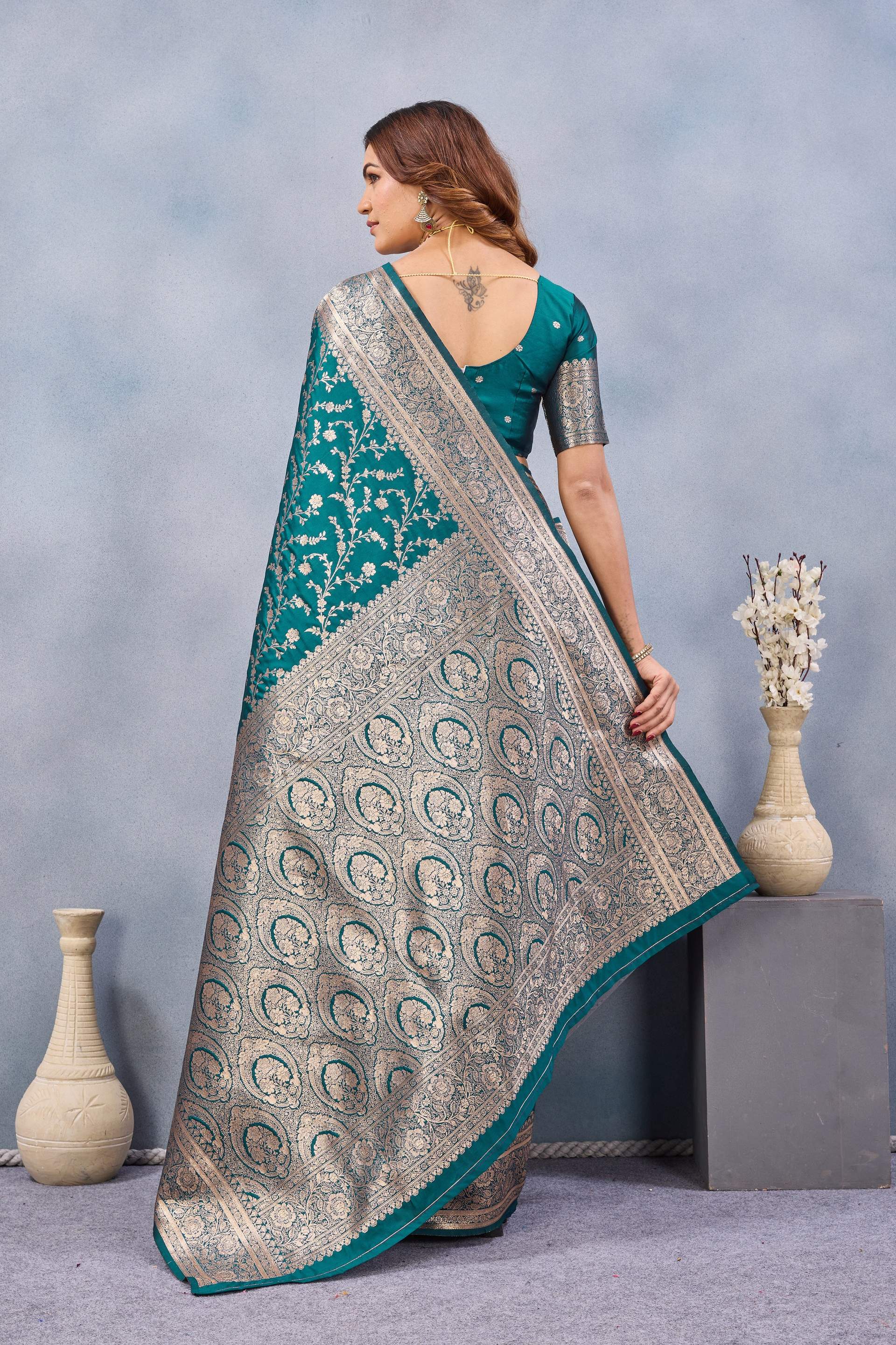 Divine International Trading Co Turuoise Soft Silk Blend Banarasi Jacuard Work Designer Party Wear Saree With Unstitched Blouse Piece | Grocsy