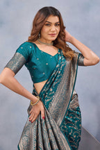 Divine International Trading Co Turuoise Soft Silk Blend Banarasi Jacuard Work Designer Party Wear Saree With Unstitched Blouse Piece | Grocsy