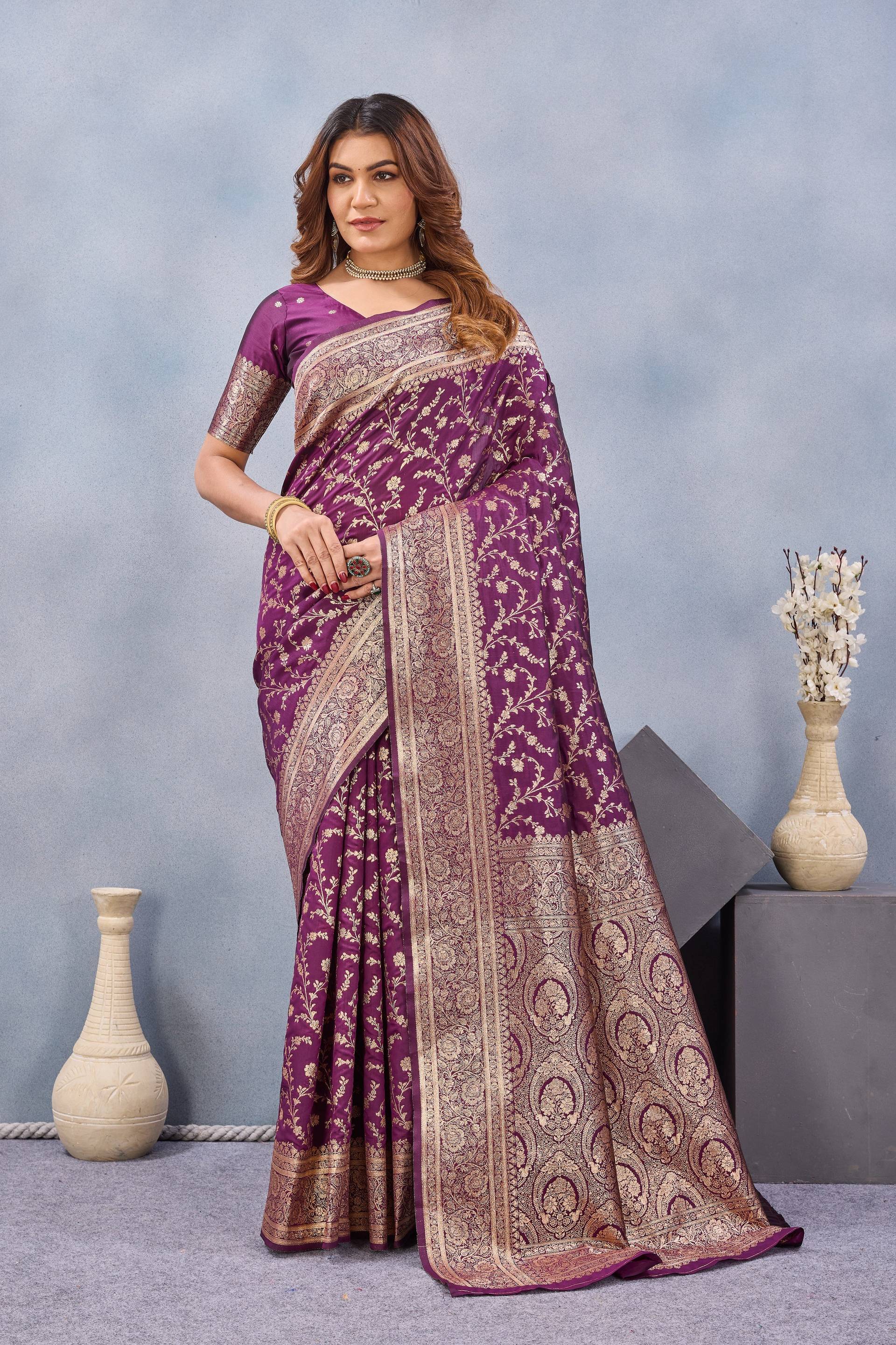 Divine International Trading Co Wine Soft Silk Blend Banarasi Jacuard Work Designer Party Wear Saree With Unstitched Blouse Piece | Grocsy