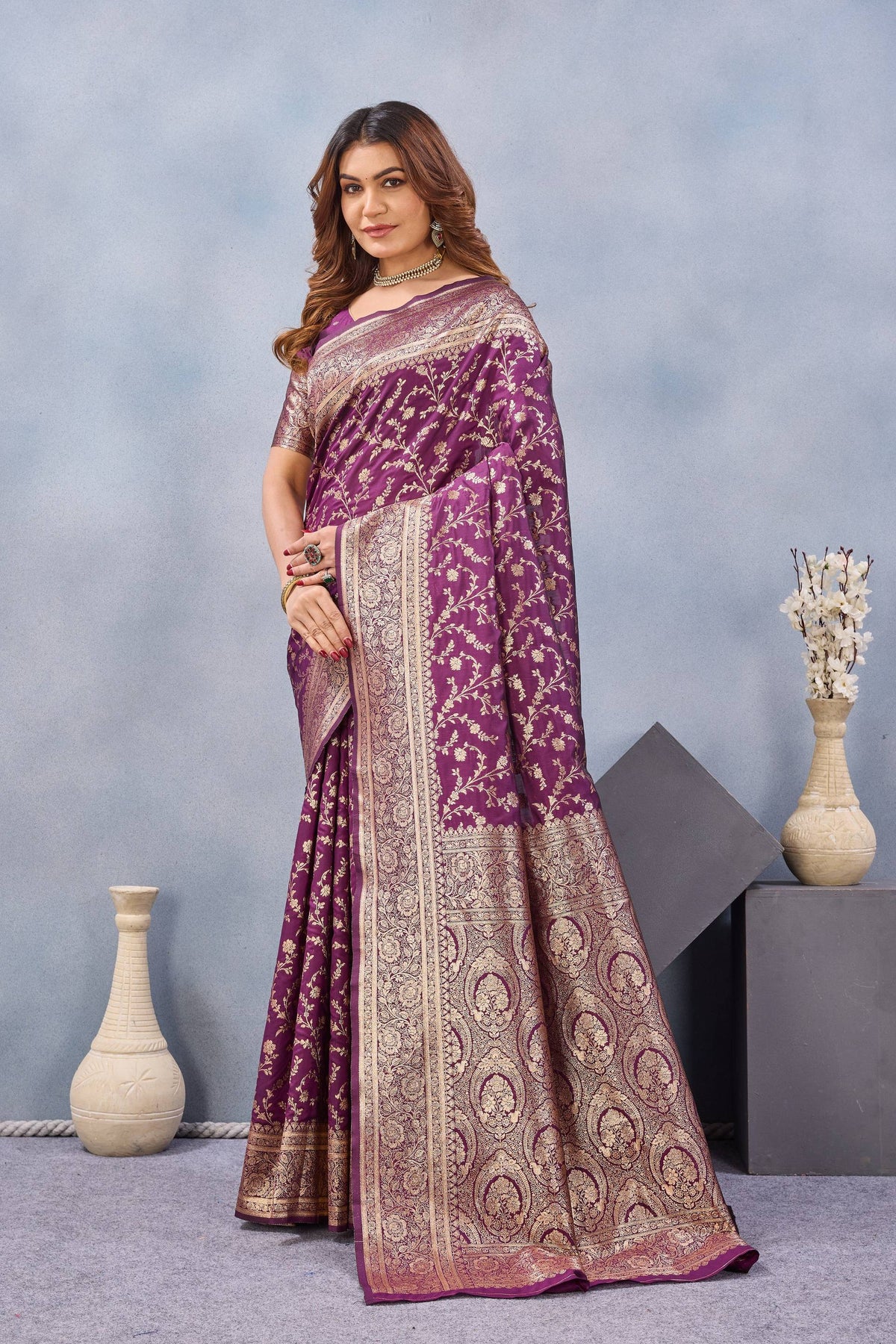 Divine International Trading Co Wine Soft Silk Blend Banarasi Jacuard Work Designer Party Wear Saree With Unstitched Blouse Piece | Grocsy