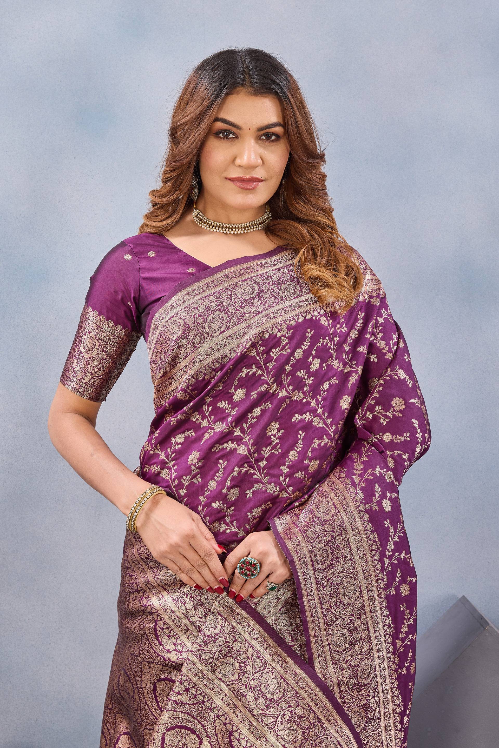 Divine International Trading Co Wine Soft Silk Blend Banarasi Jacuard Work Designer Party Wear Saree With Unstitched Blouse Piece | Grocsy