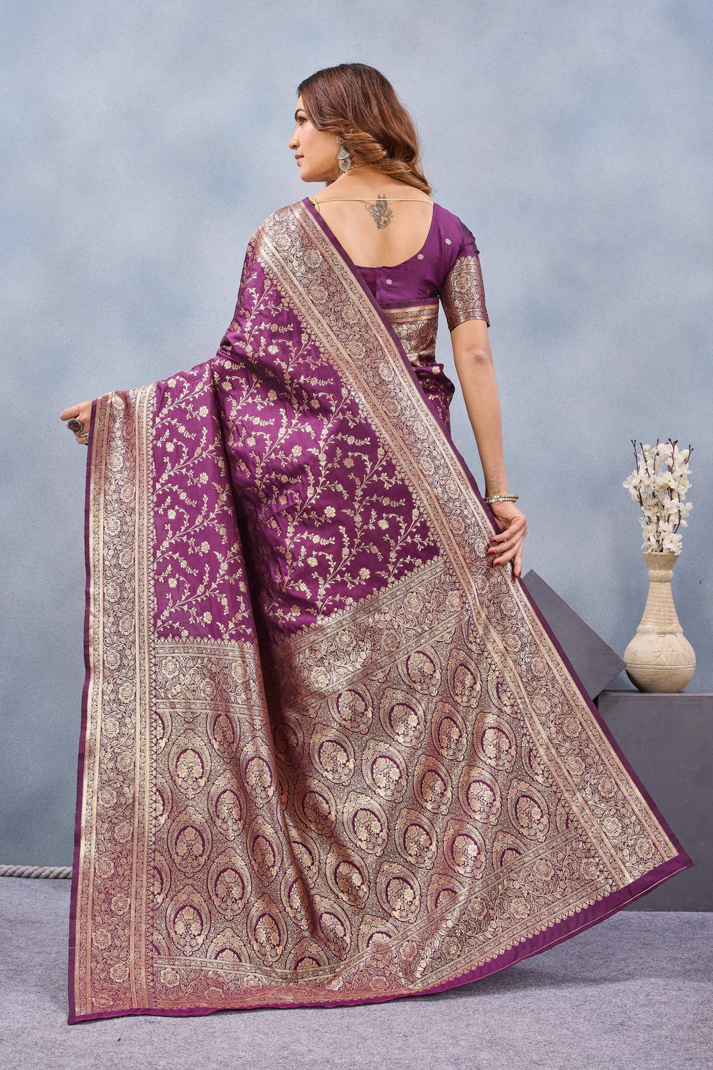 Divine International Trading Co Wine Soft Silk Blend Banarasi Jacuard Work Designer Party Wear Saree With Unstitched Blouse Piece | Grocsy