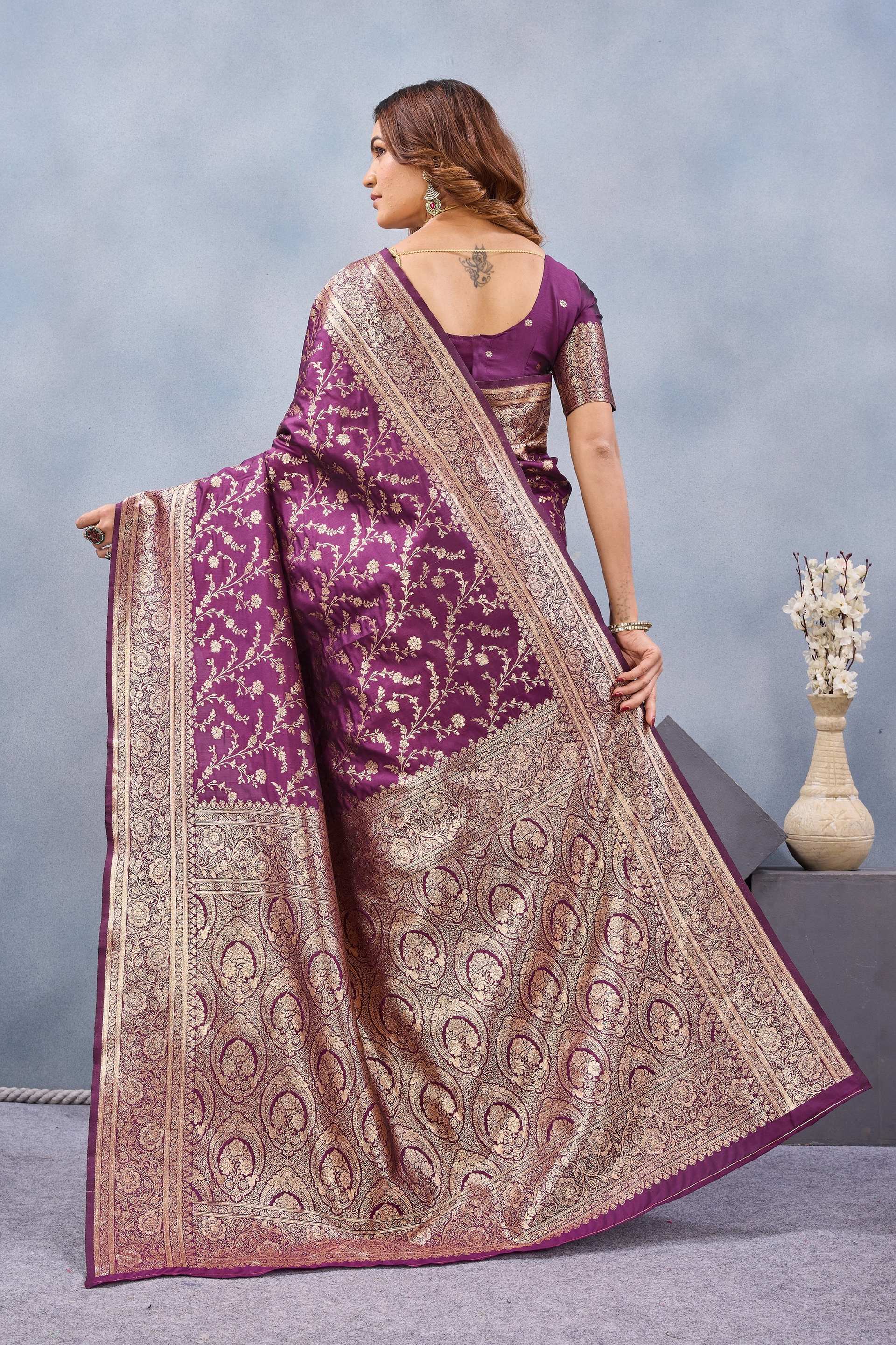 Divine International Trading Co Wine Soft Silk Blend Banarasi Jacuard Work Designer Party Wear Saree With Unstitched Blouse Piece | Grocsy