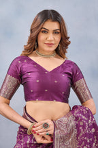 Divine International Trading Co Wine Soft Silk Blend Banarasi Jacuard Work Designer Party Wear Saree With Unstitched Blouse Piece | Grocsy