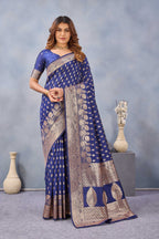 Divine International Trading Co Blue Soft Silk Blend Banarasi Jacuard Work Designer Party Wear Saree With Unstitched Blouse Piece | Grocsy