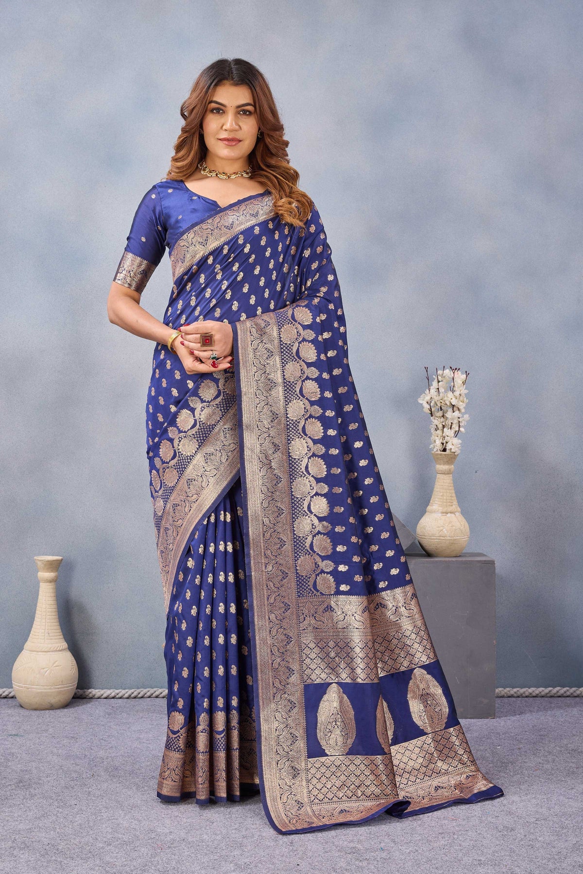 Divine International Trading Co Blue Soft Silk Blend Banarasi Jacuard Work Designer Party Wear Saree With Unstitched Blouse Piece | Grocsy