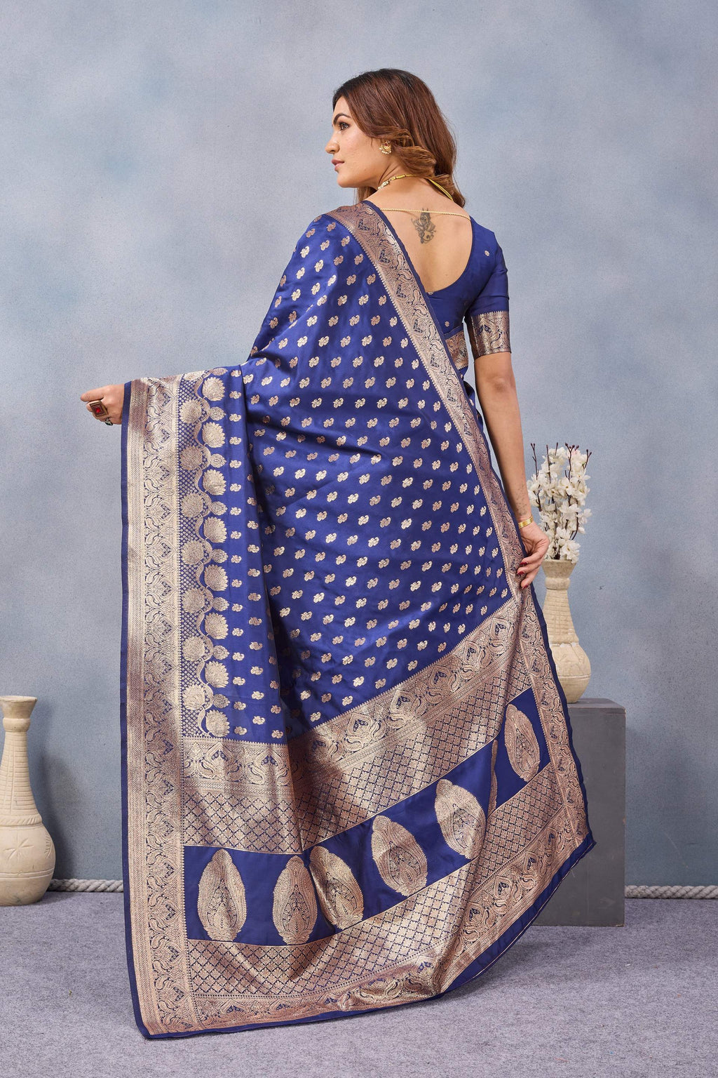 Divine International Trading Co Blue Soft Silk Blend Banarasi Jacuard Work Designer Party Wear Saree With Unstitched Blouse Piece | Grocsy