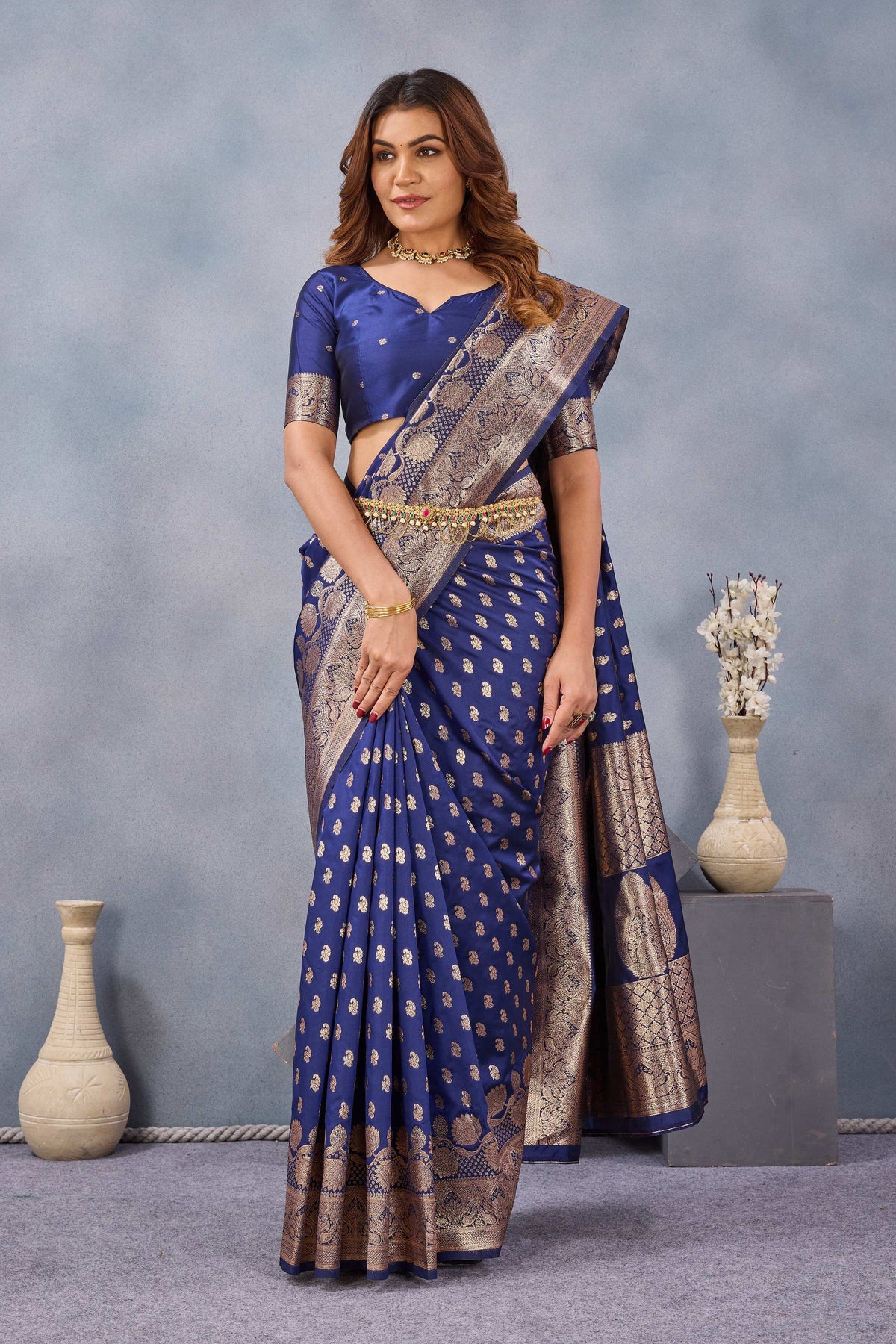Divine International Trading Co Blue Soft Silk Blend Banarasi Jacuard Work Designer Party Wear Saree With Unstitched Blouse Piece | Grocsy