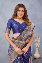 Divine International Trading Co Blue Soft Silk Blend Banarasi Jacuard Work Designer Party Wear Saree With Unstitched Blouse Piece | Grocsy