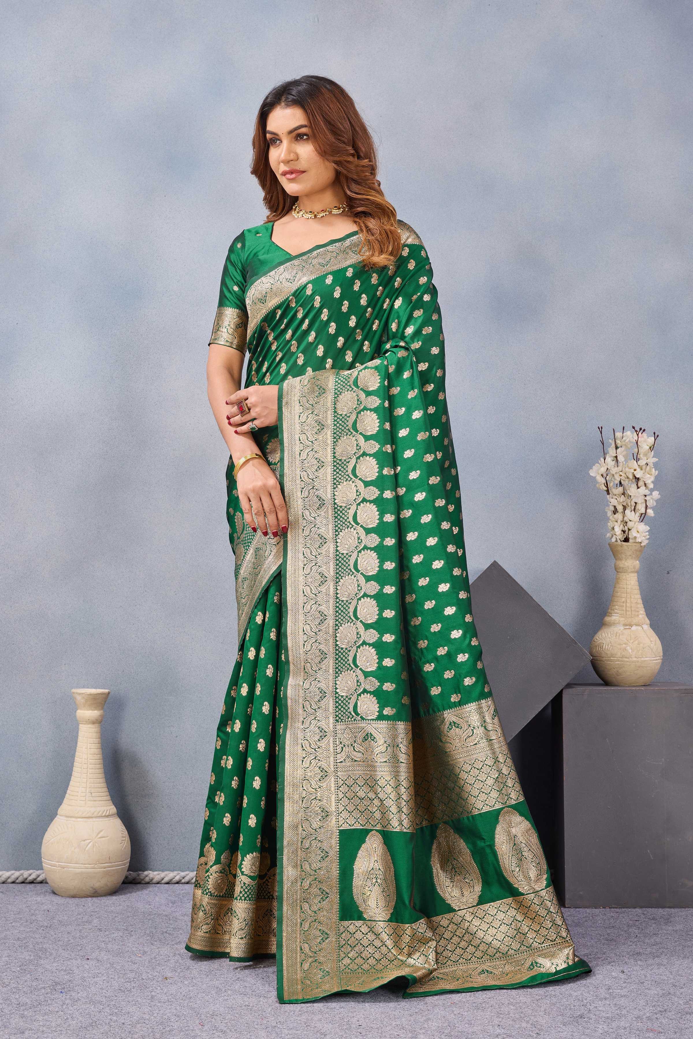 Divine International Trading Co Green Soft Silk Blend Banarasi Jacuard Work Designer Party Wear Saree With Unstitched Blouse Piece | Grocsy