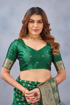 Divine International Trading Co Green Soft Silk Blend Banarasi Jacuard Work Designer Party Wear Saree With Unstitched Blouse Piece | Grocsy