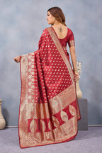 Divine International Trading Co Red Soft Silk Blend Banarasi Jacuard Work Designer Party Wear Saree With Unstitched Blouse Piece | Grocsy