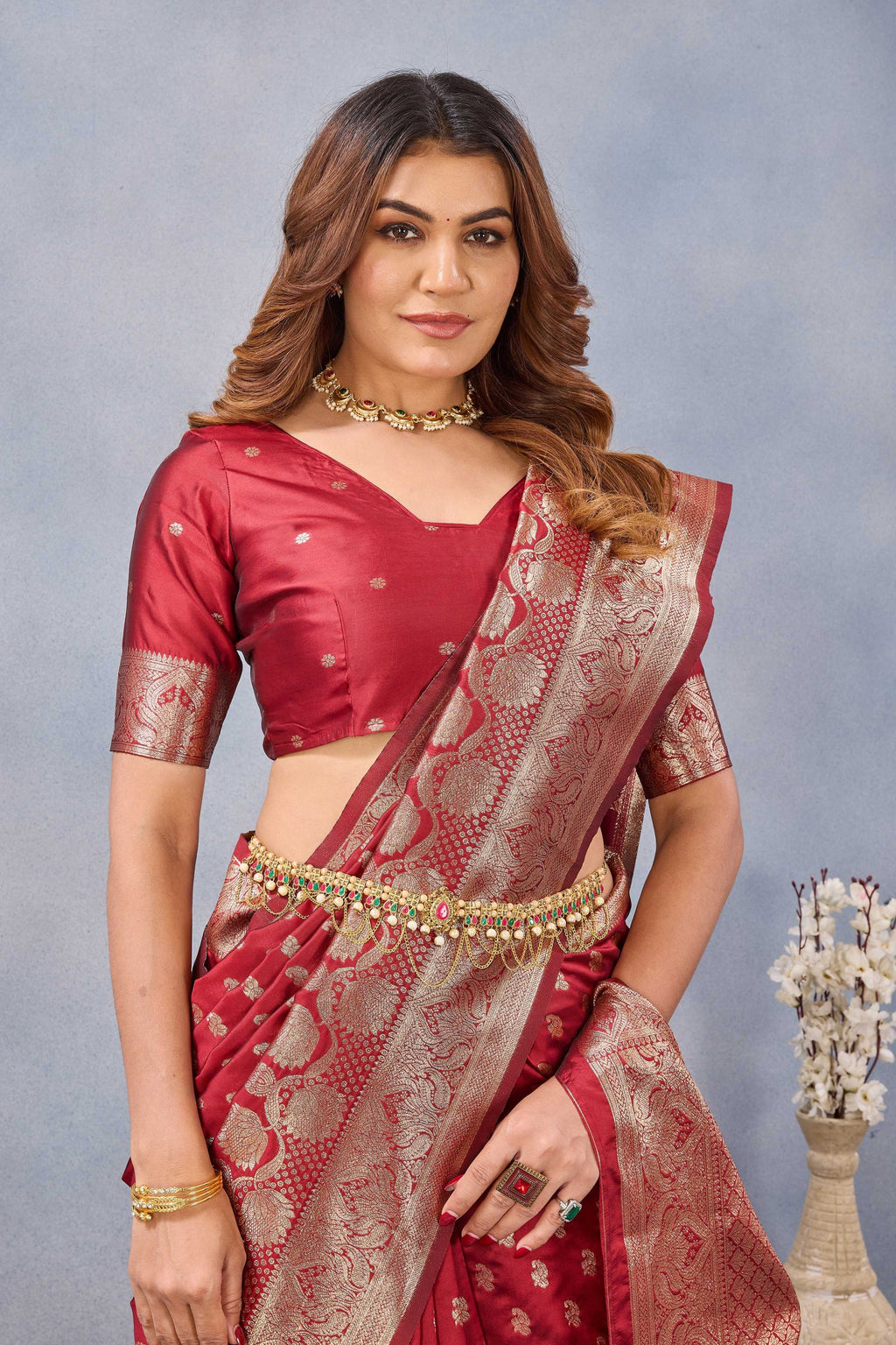 Divine International Trading Co Red Soft Silk Blend Banarasi Jacuard Work Designer Party Wear Saree With Unstitched Blouse Piece | Grocsy