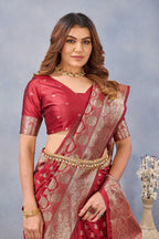 Divine International Trading Co Red Soft Silk Blend Banarasi Jacuard Work Designer Party Wear Saree With Unstitched Blouse Piece | Grocsy